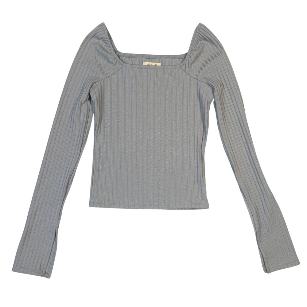 Madewell Ribbed Square Neck Puff Sleeve Top Blue Grey XS CKP477262429